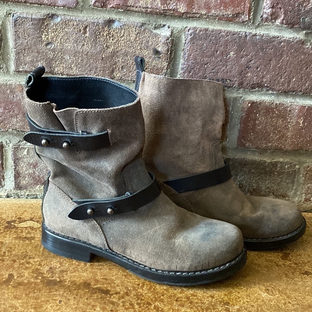 Anthropologie Rag & Bone tan and black‎ Waxed Leather Suede Moto Boots